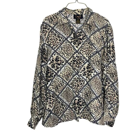 Corey B New York 100% silk checkered animal print button up‎ blouse Size 10 - Picture 1 of 6
